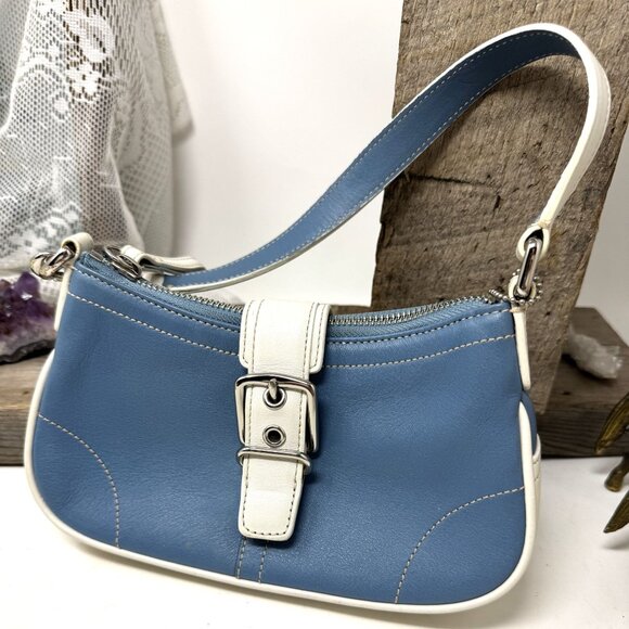 Coach Handbags - Coach Blue & White Leather Buckle Shoulder Bag With Zip Closure & Inner Pockets